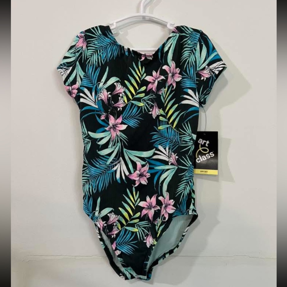 NWT Art Class Kids Swim One Piece - Black with Pink and Green Floral
